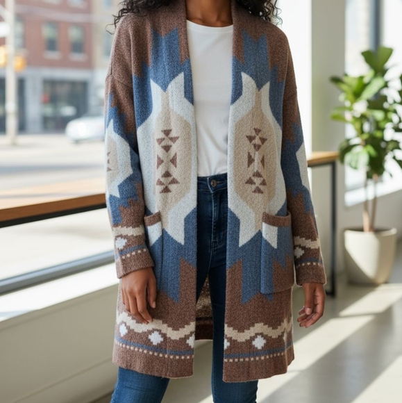 Forever 21 Brown and Blue Geometric Cardigan Size S - Picture 1 of 9